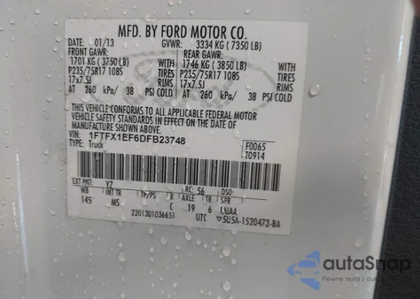 2013 Ford F-150 Xlt z USA, uszkodzony, nr VIN 1FTFX1EF6DFB23748